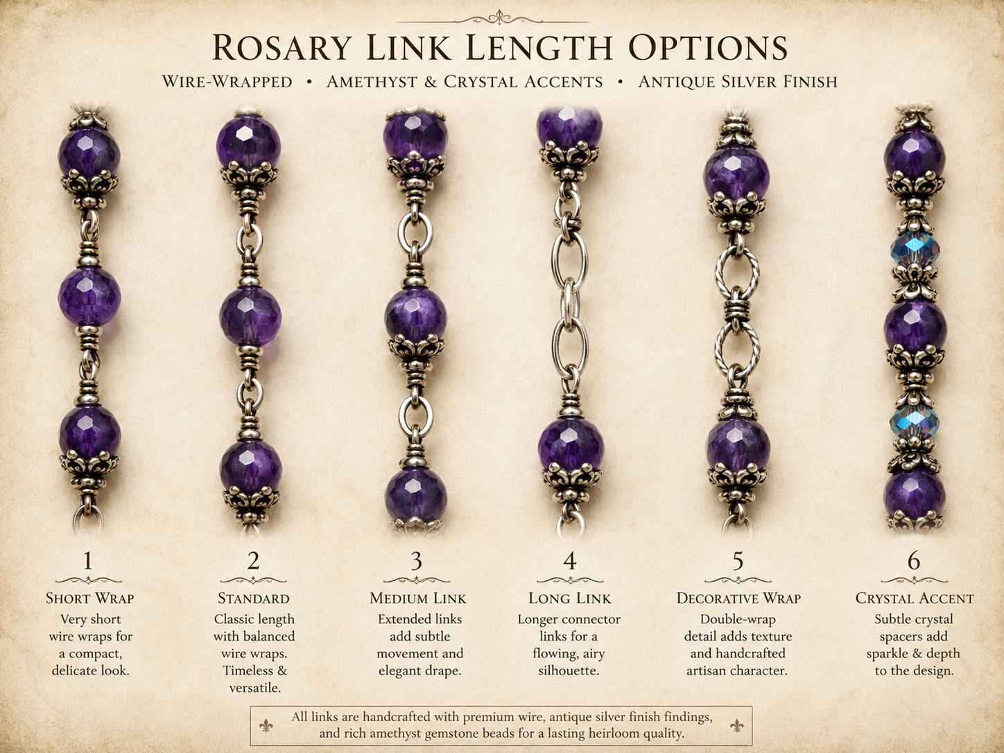 Rosary link length options with wire-wrapped amethyst beads and antique silver finish