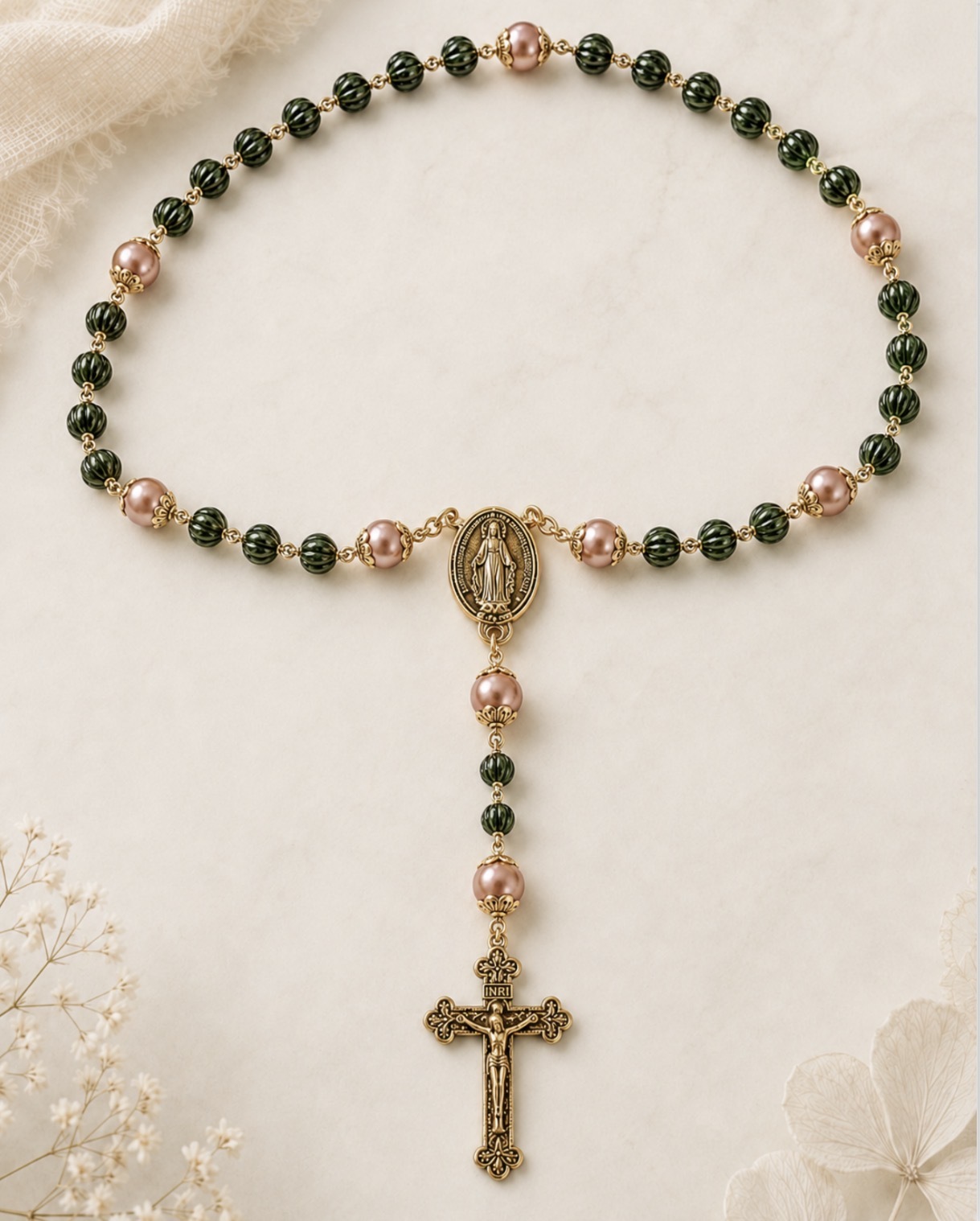 Tactile rosary with dark green ridged beads and gold accents